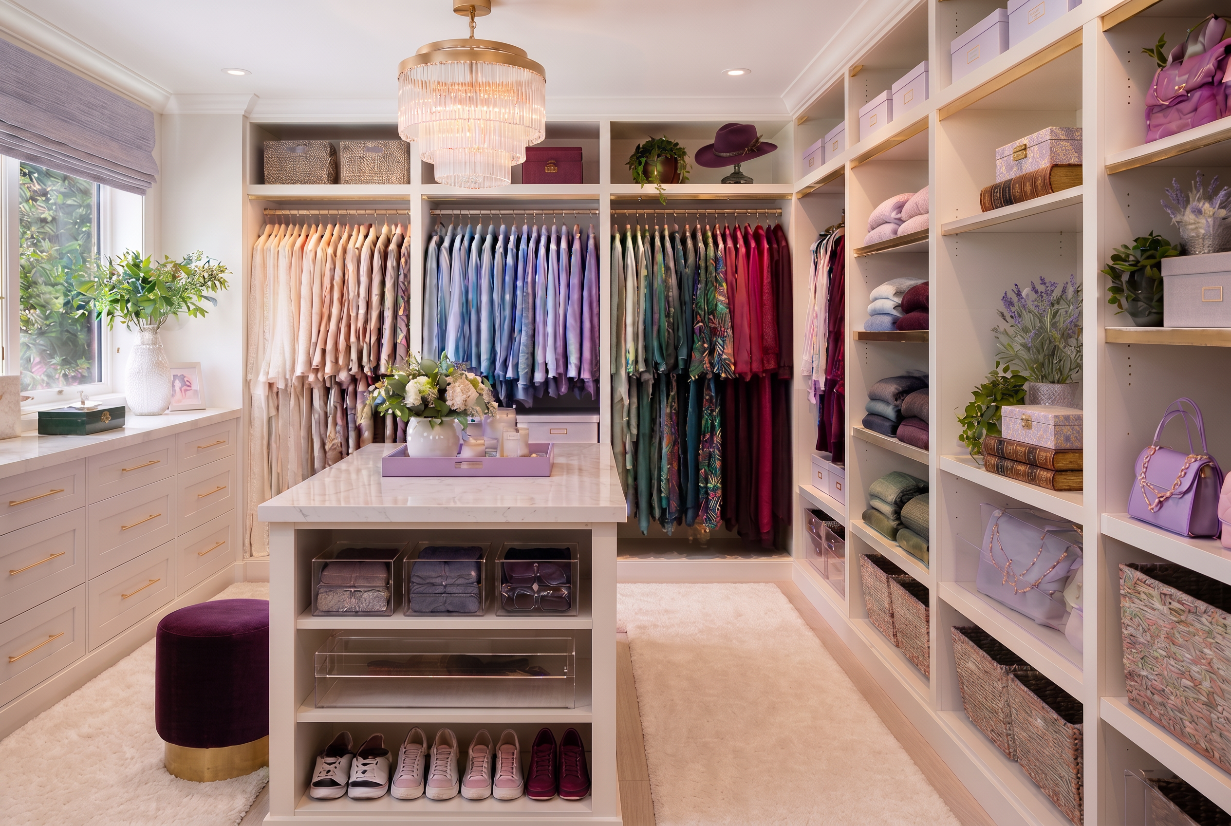 Beautiful walk-in closet with color-coordinated clothing and storage
